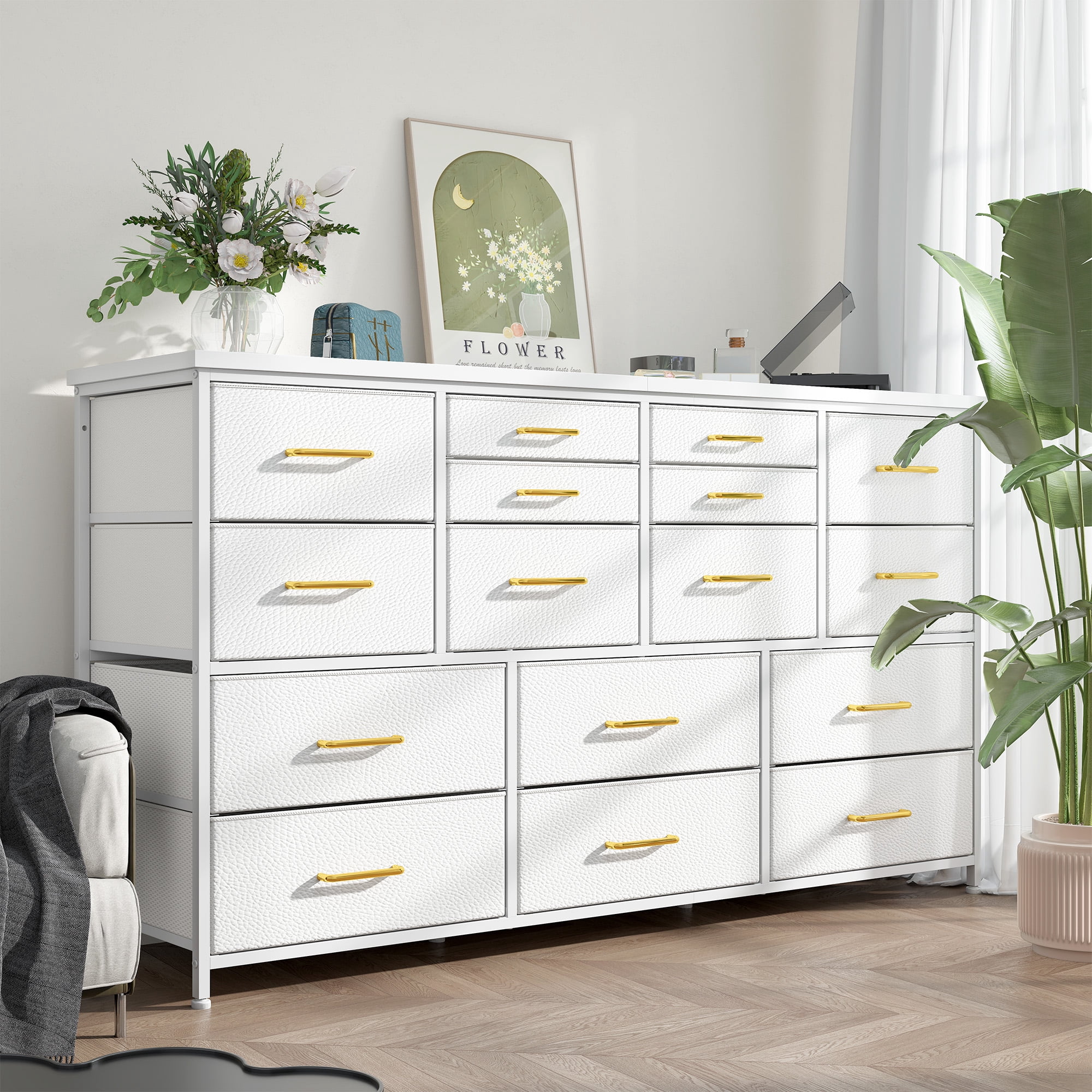 Romorgniz White Dresser for Bedroom with 16 Drawers for Closet Fabric Dressers & Chests of Drawers TV Stand with Charging Station