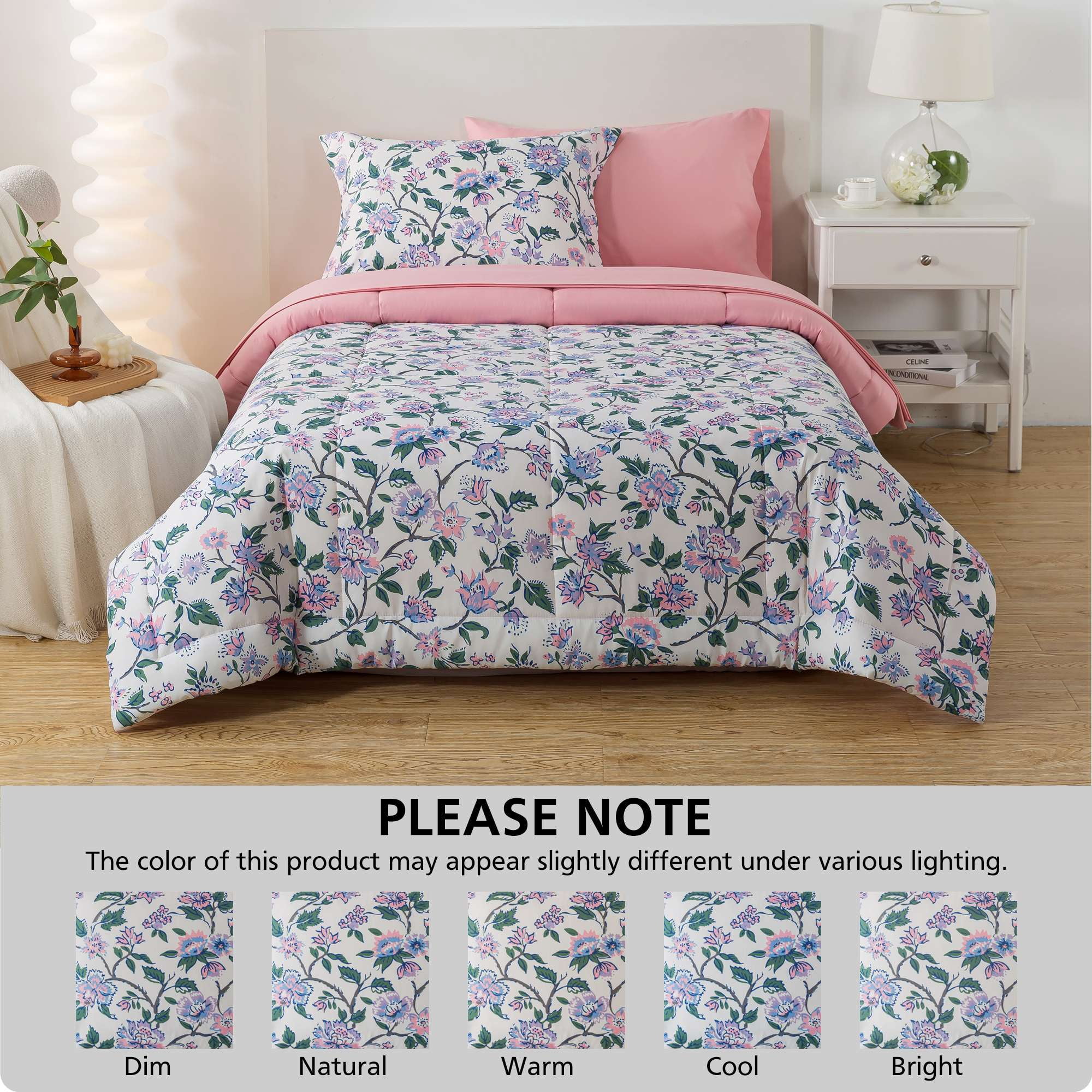Mainstays 5-Piece Reversible Bed in a Bag with Laundry Tote, Purple Floral, Twin-XL