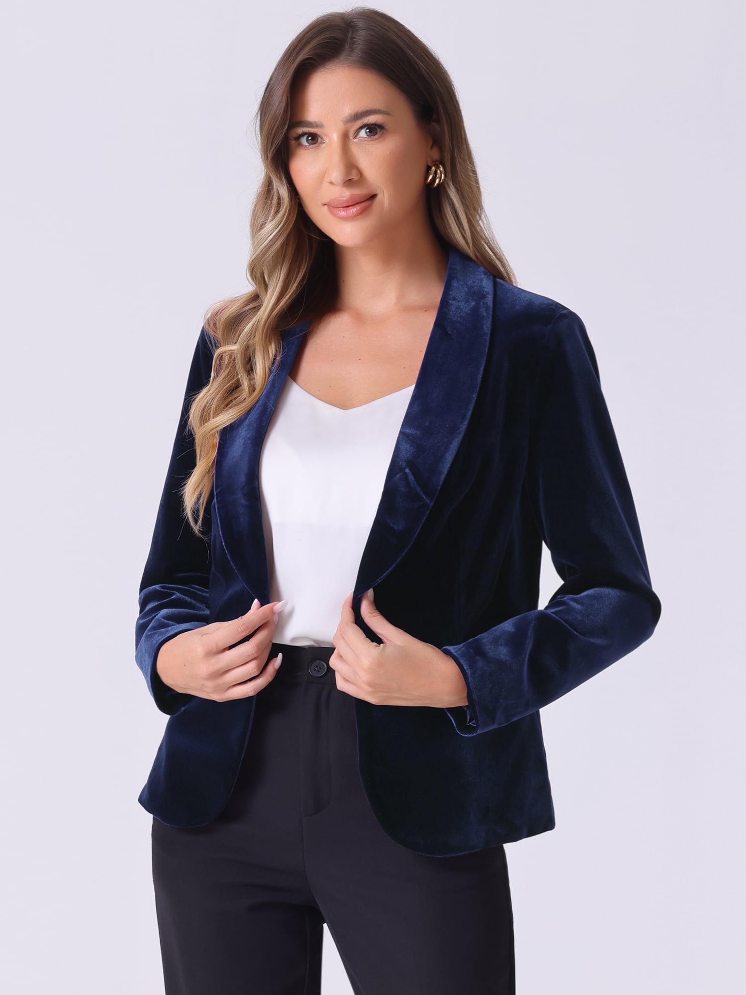 DARING DIVA Women's Velvet Office Coat Solid Shawl Collar Blazer XS Dark Blue