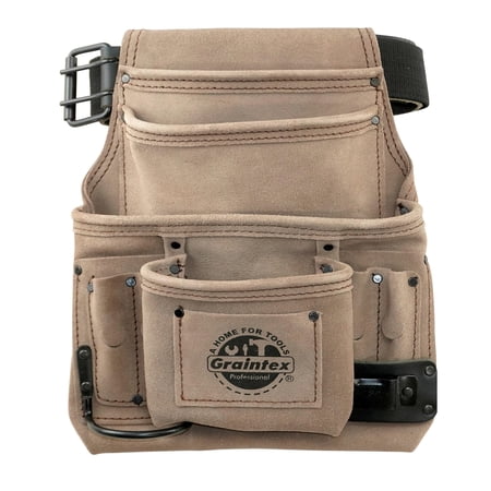 UPC: 0819972022800 | Graintex SS2280 10 Pocket Nail & Tool Pouch Beige Color Suede Leather with 2 Leather/Webbing Belt for Constructors  Electricians  Plumbers  Handymen  Standard