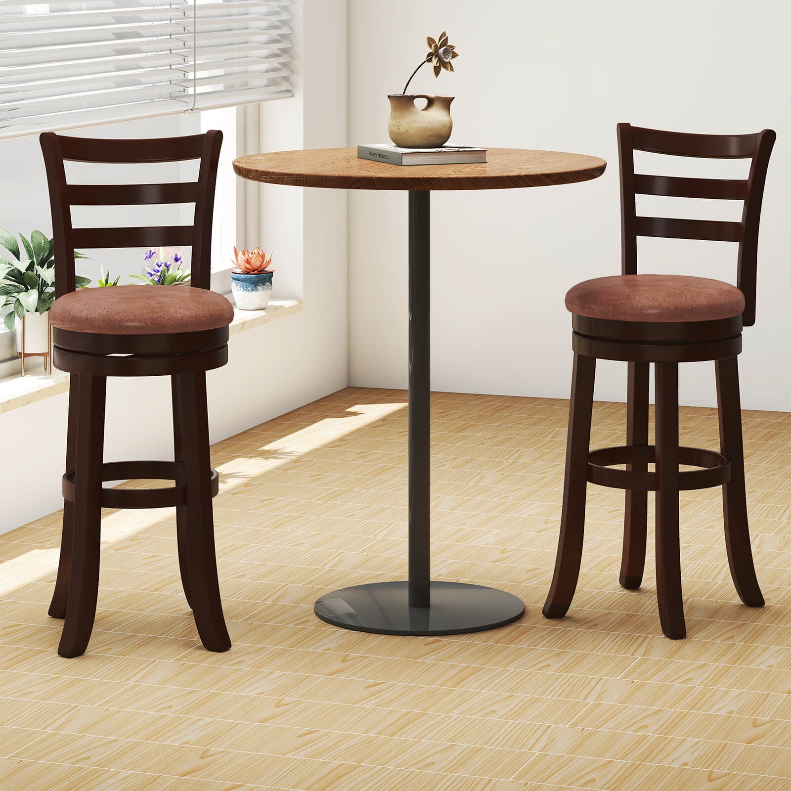 Costway 30” Bar Height Swivel Barstools Set of 2 with Back, Faux Leather Seat for Pub