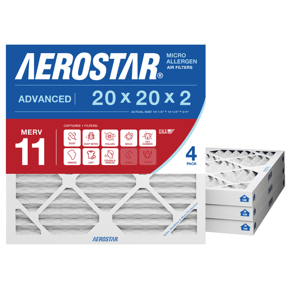 Aerostar 20x20x2 (4 Pack) MERV 11 AC Furnace Air Filter, Pleated HVAC Filter, MPR 1000 FPR 7, Allergen Defense, 4-Pack, Made in USA