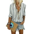 thumbnail image 1 of Women's Black/Sky Blue/Yellow/Green V Neck Striped Button Down Blouse, 1 of 3