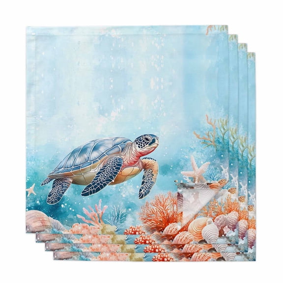 Turtle Cloth Napkins, Coastal Blue Ocean Sea Coral Starfish Shell Washable and Reusable Dinner Napkins Set of 4, Table Napkin for Kitchen Party Birthday Wedding Hotel Housewarming 20"x20"