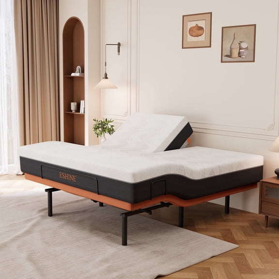 ESHINE Split Top King Adjustable Bed Frame with 12" Gel Memory Foam Mattress - Electric Upholstered Base, Massage Function, Wireless Remote, Head & Foot Incline, USB Ports, Under Bed Light,Orange