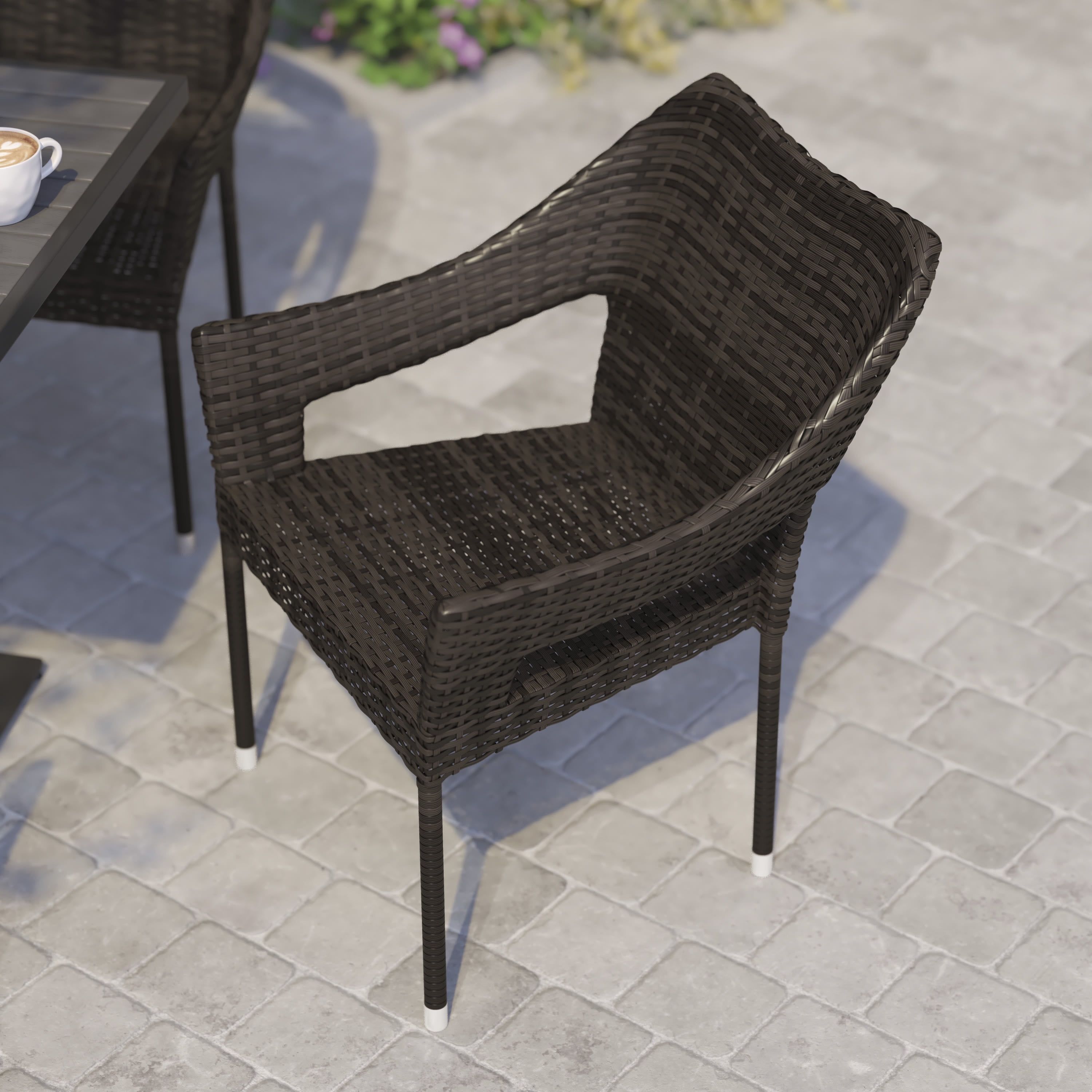 BizChair Commercial Grade Stacking Patio Chair, All Weather PE Rattan Wicker Patio Dining Chair in Espresso