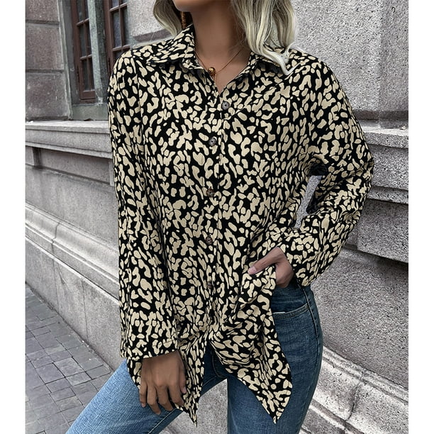 Camisa de mujer,Blusa de mujer Poliéster Leopardo Camisa con