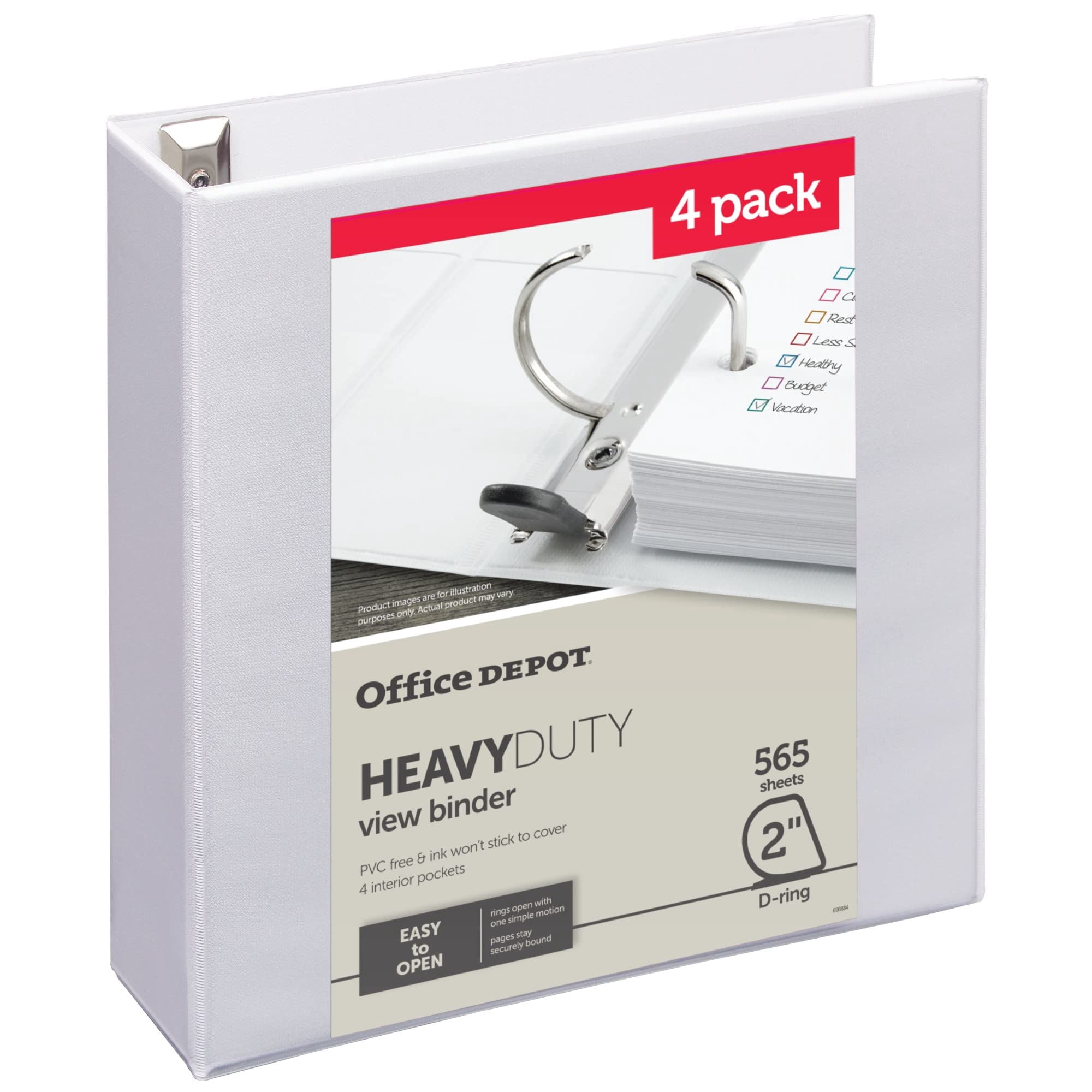 Office Depot® Heavy-Duty View 3-Ring Binder, 2" D-Rings, White, 49% Recycled, Pack Of 4