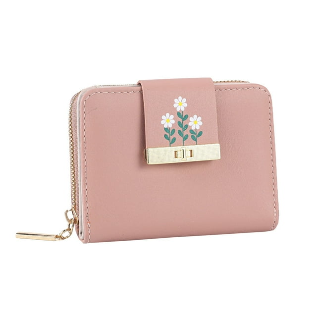 Yinguo Fashion Coin ID Short Wallet Flowers Print Solid Color Women