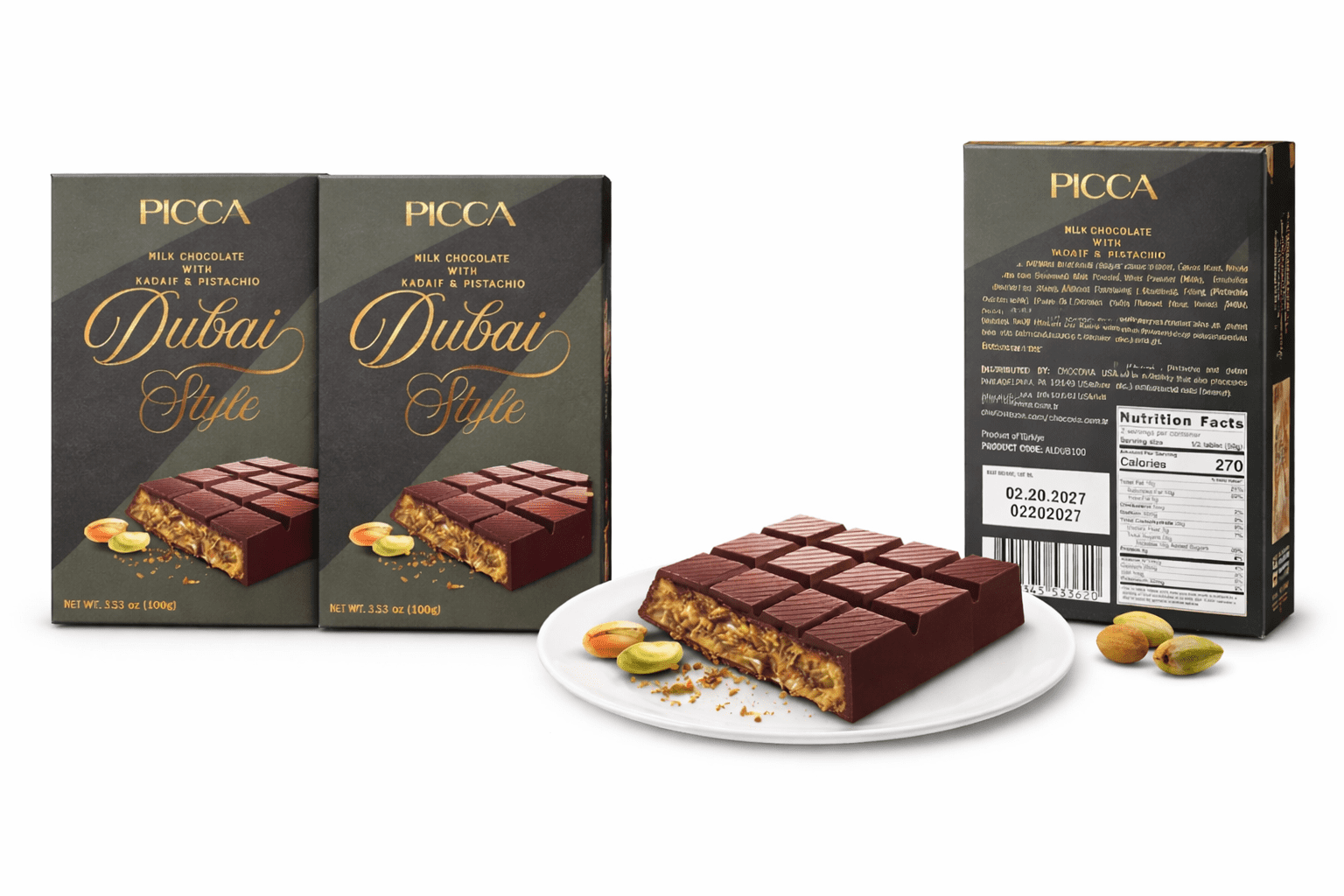 Picca Dubai Style Milk Chocolate with Kadaif & Pistachio 3.53oz 100g (2 Bars)