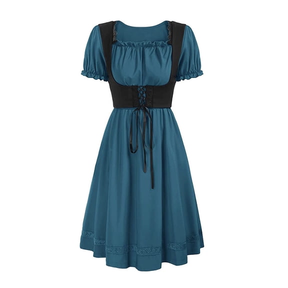 Mrat Womens Renaissance Corset Dress Gothic Ruffle Puff Sleeve Squares Neck Midi Dresses Oktoberfest Dress Costumes S-43 Blue M