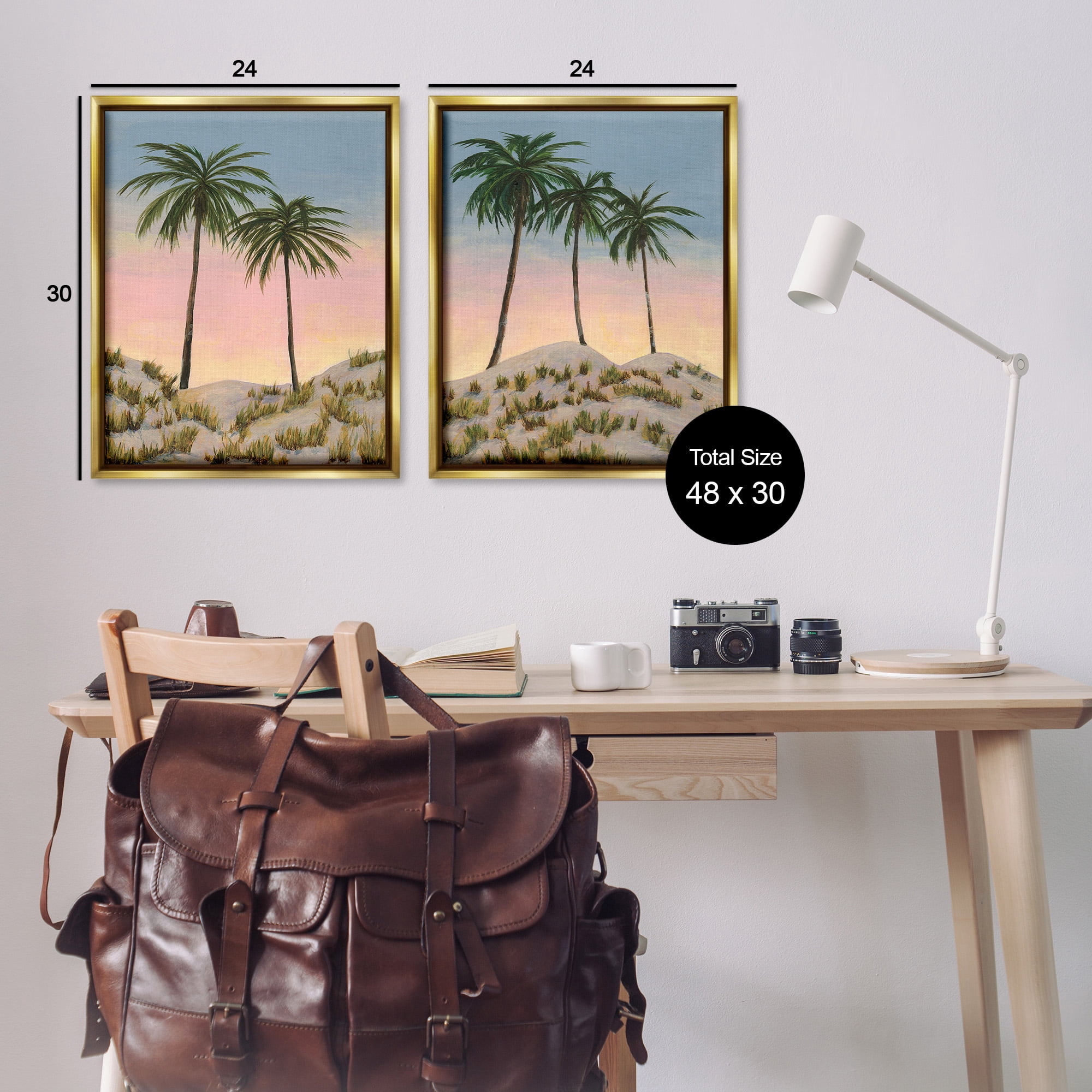 Stupell Industries Sunrise Tropical Scene Landscape Painting Gold Floater Framed Canvas Art Print Wall Art, 25 x 31, Set of 2