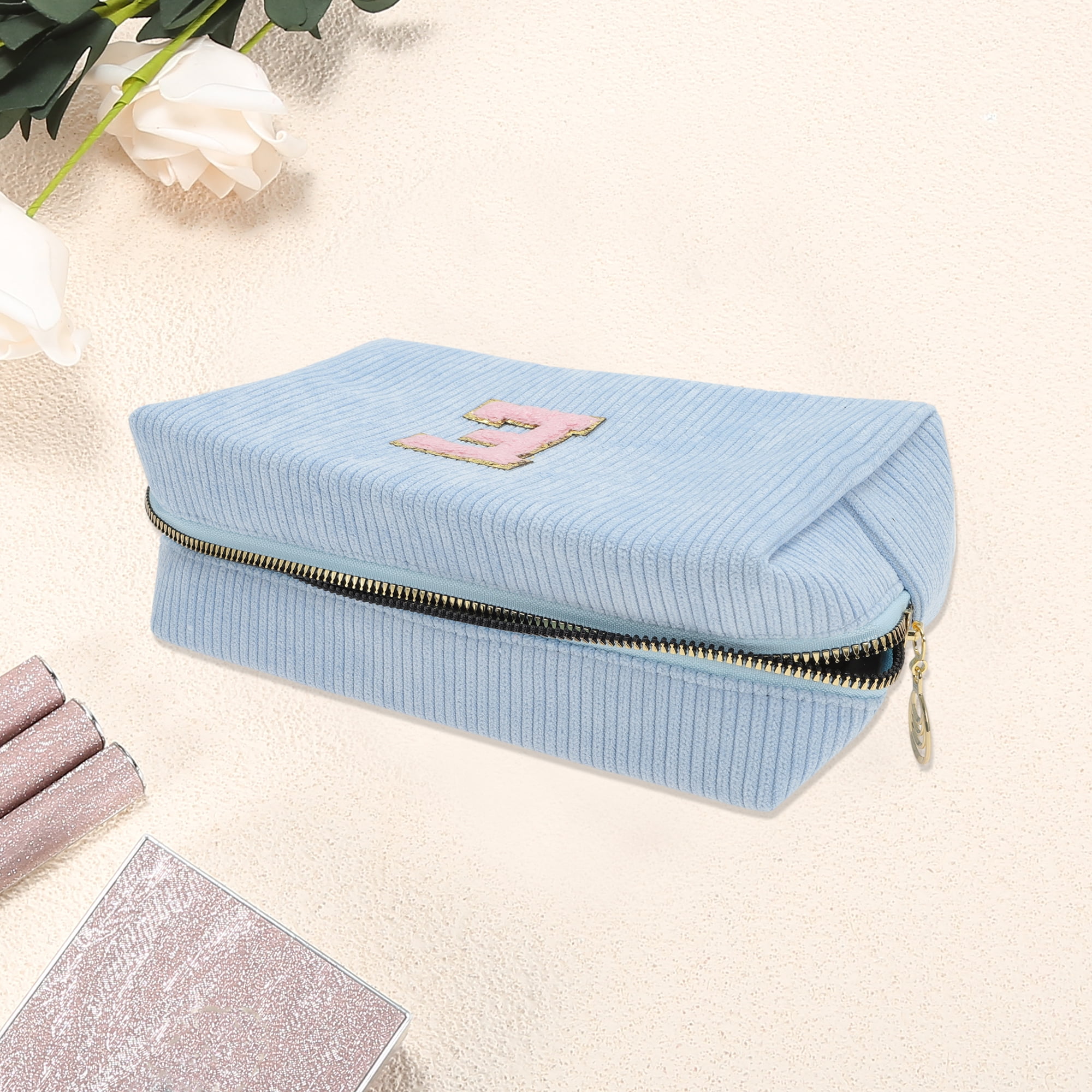 Unique Bargains 1 Pc Corduroy Rectangular Letter Makeup Bag Sky Blue [Letter E]