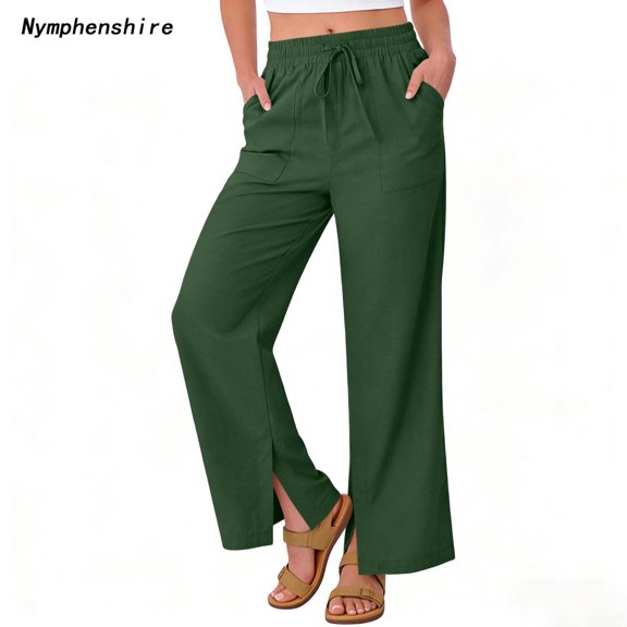 Nymphenshire Womens Linen Pants Wide Leg Solid Color Loose Fit High Waist Casual Summer Beach Pants with Pockets Side Slit Long Pants Army Green