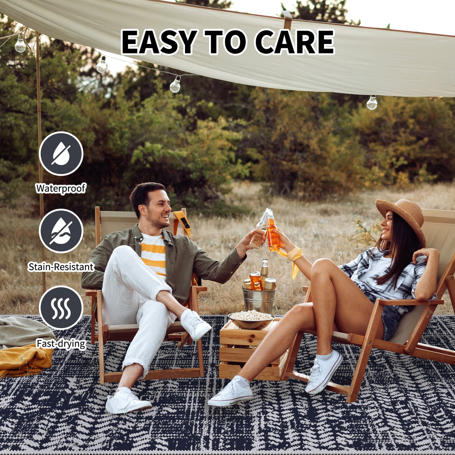 VUNATE Outdoor Rug 9'x12' Patio Rug Waterproof Woven Plastic Outdoor Mat for Picnic RV Porch Camping Reversible Outside Rug Dark Blue and White