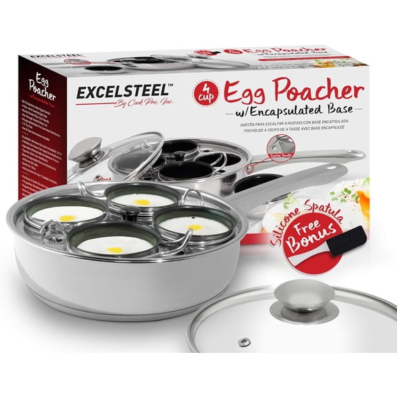 EXCELSTEEL Non Stick Easy Use Rust Resistant Home Kitchen Breakfast Brunch Induction Cooktop Egg Poacher, 4 Cups, 18/10 Stainless Steel