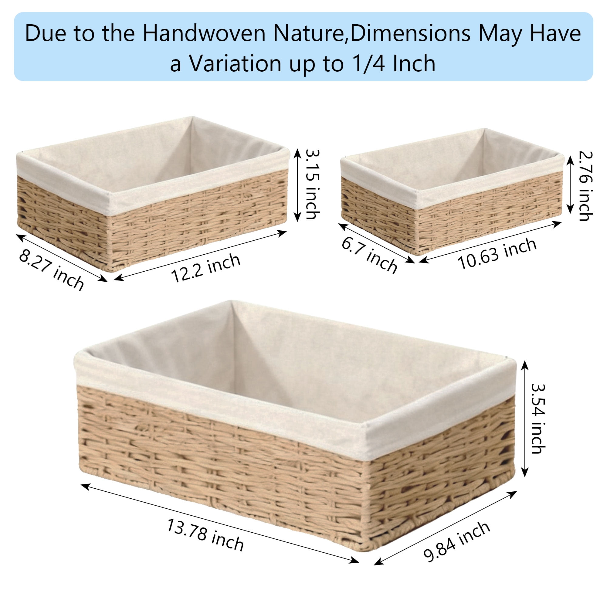 Tripumer 3Pcs Rectangular Wicker Storage Baskets with White Lining, Multi-Purpose Organizers for Home Bathroom Kitchen