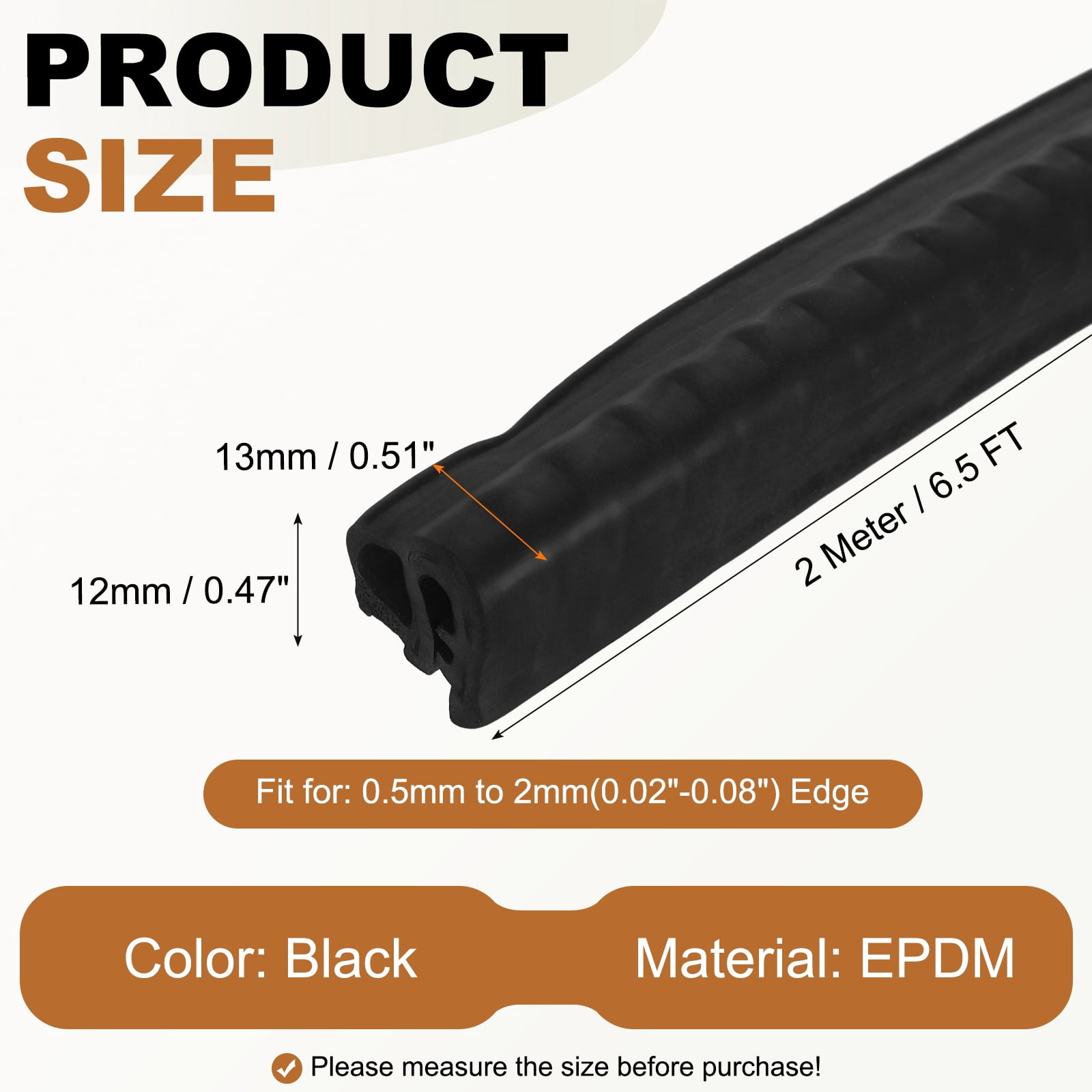 Door Weather Stripping 6.5FT, 13mm W x 12mm H EPDM Car Door Rubber Edge Trim Seal Strip Gasket with Side Bulb Fit 0.5mm to 2mm Edge for Electrical Cabinet Car Boat RV Truck, Black