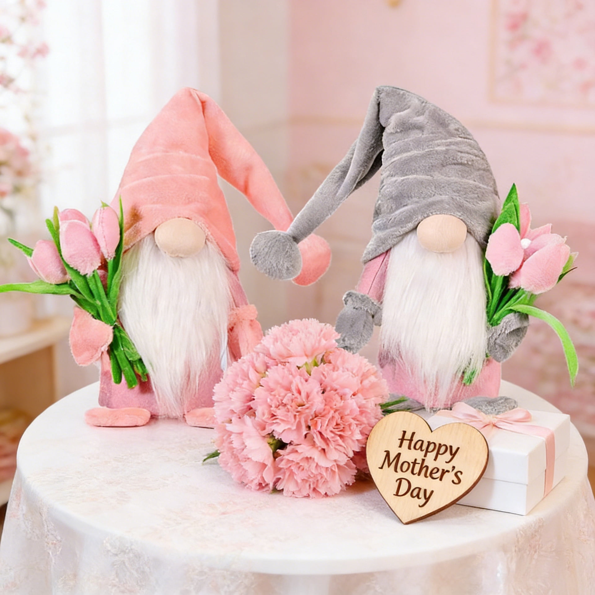 Spring Decor,2Pack 15 in Handmade Plush Gnomes with Tulip Bouquet Decorations for Home Classroom Office Shop,Mother's Day Teachers' Day Easter Gifts,Spring Gnomes Plush Table Decoration
