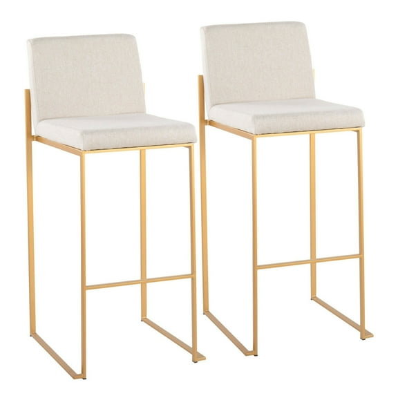 Fuji Contemporary High Back Barstool In Gold Steel And Beige Fabric - Set Of 2