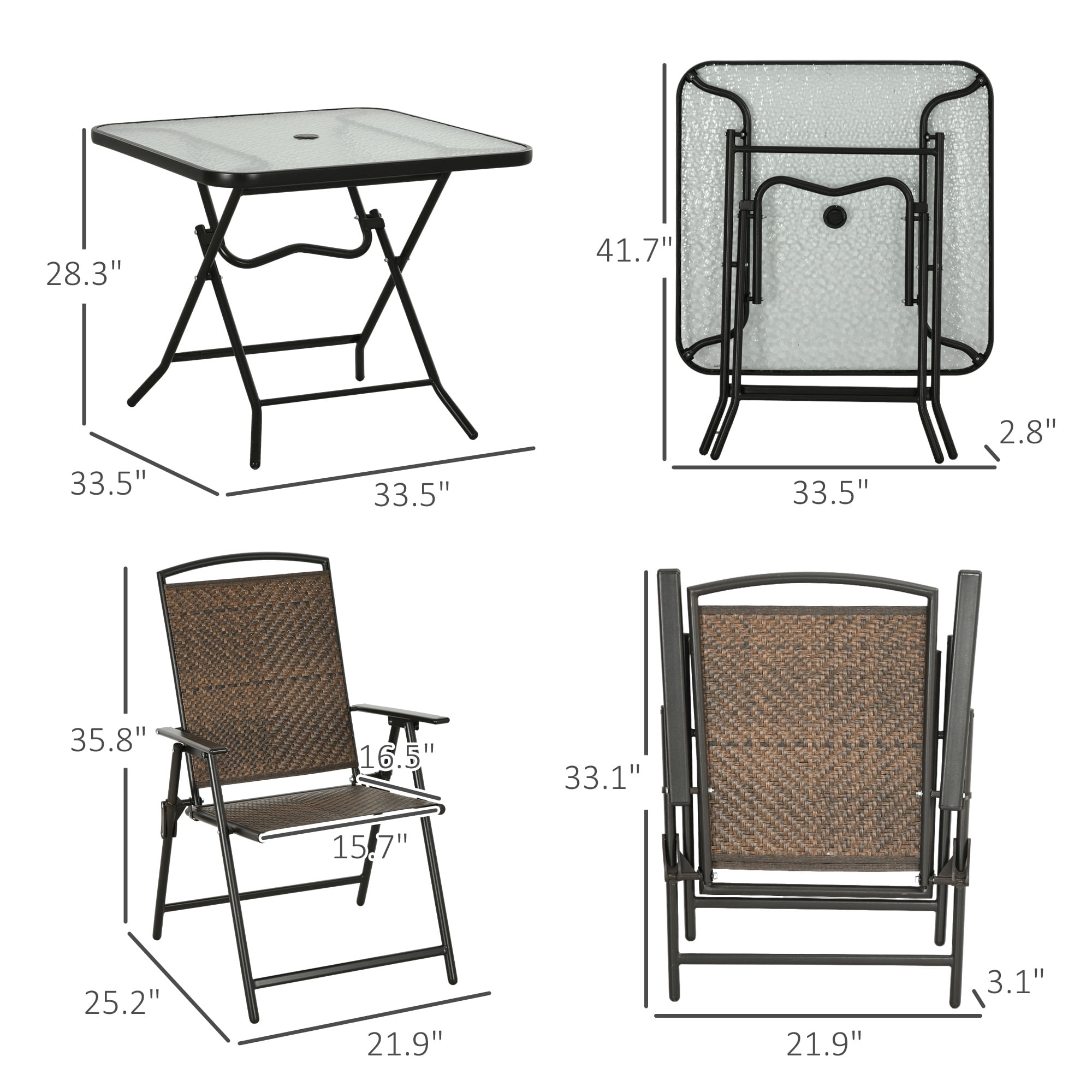 5-Piece Outdoor Patio Dining Set,Wicker Furniture Dining Set with Umbrella Hole,Foldable Outdoor Table and Chairs for Patio, Lawn, Garden,Brown