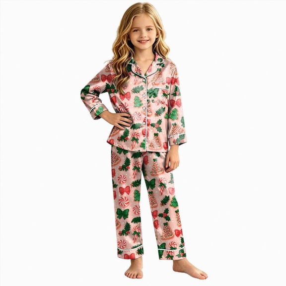sdbrld Kids Tween Girls Matching Christmas Pajama Set Long Sleeve Tops and Pants Satin Sleepwear 2 Piece Sizes 11-12 Years