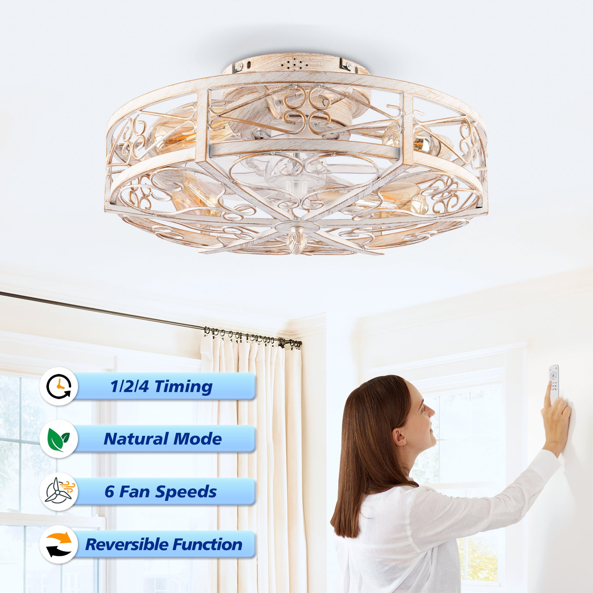 Leumius 20" White Flush Mount Ceiling Fan with Light, Reversible Motor and DC Remote Control,6 Speed Ceiling Fan,Timing for Living Room Bedroom Dining Room(NOT Included Bulbs)
