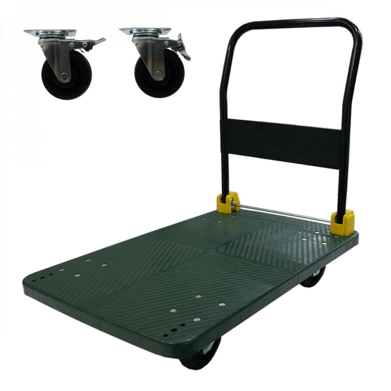 Green Foldable Metal Platform Hand Truck 880 Lbs Weight Capacity 2 Swivel Brake Wheels Effortless Movement