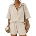 thumbnail image 4 of Women 2 Piece Linen Short Sets 2026 Summer Vacation V Neck Short Sleeve Beach Outfits Oversized Button Casual Suits Beige M, 4 of 7