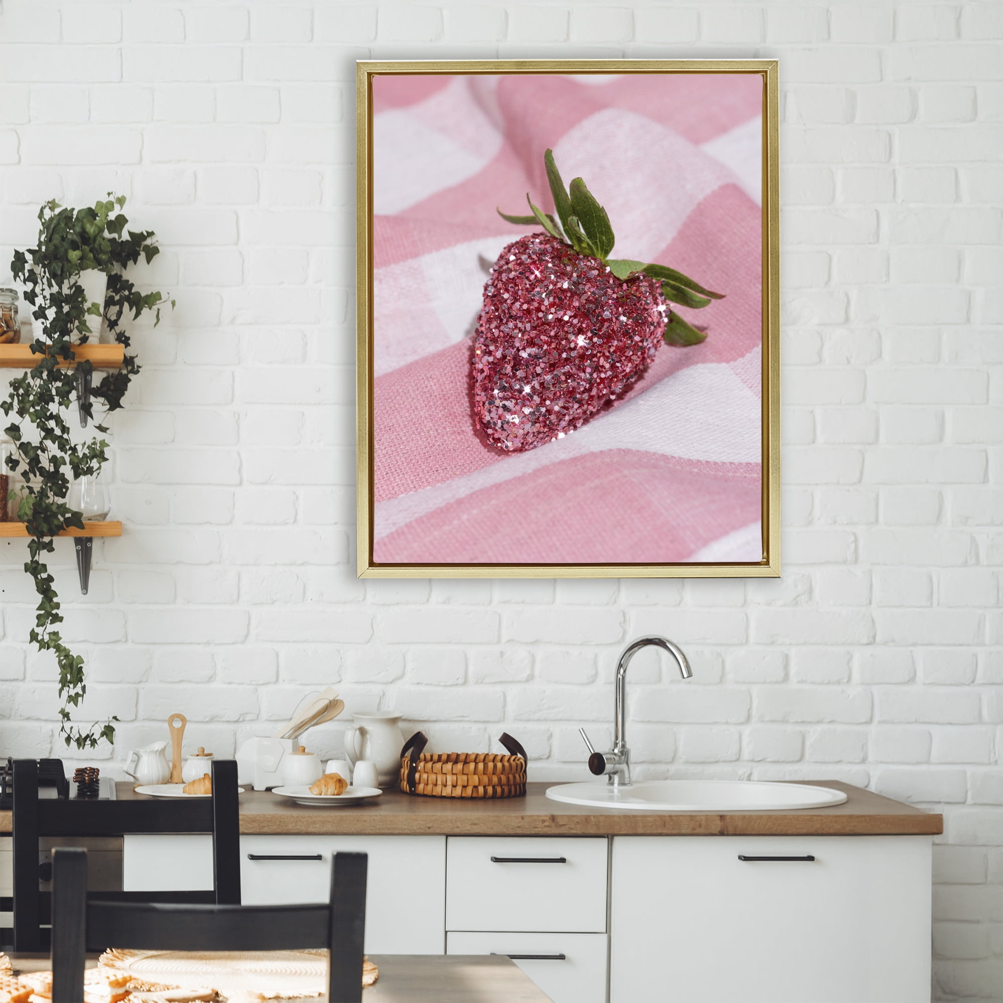 Stupell Industries Glimmer Strawberry on Pink Gold Framed Floater Canvas Wall Art, design by LISH Creative