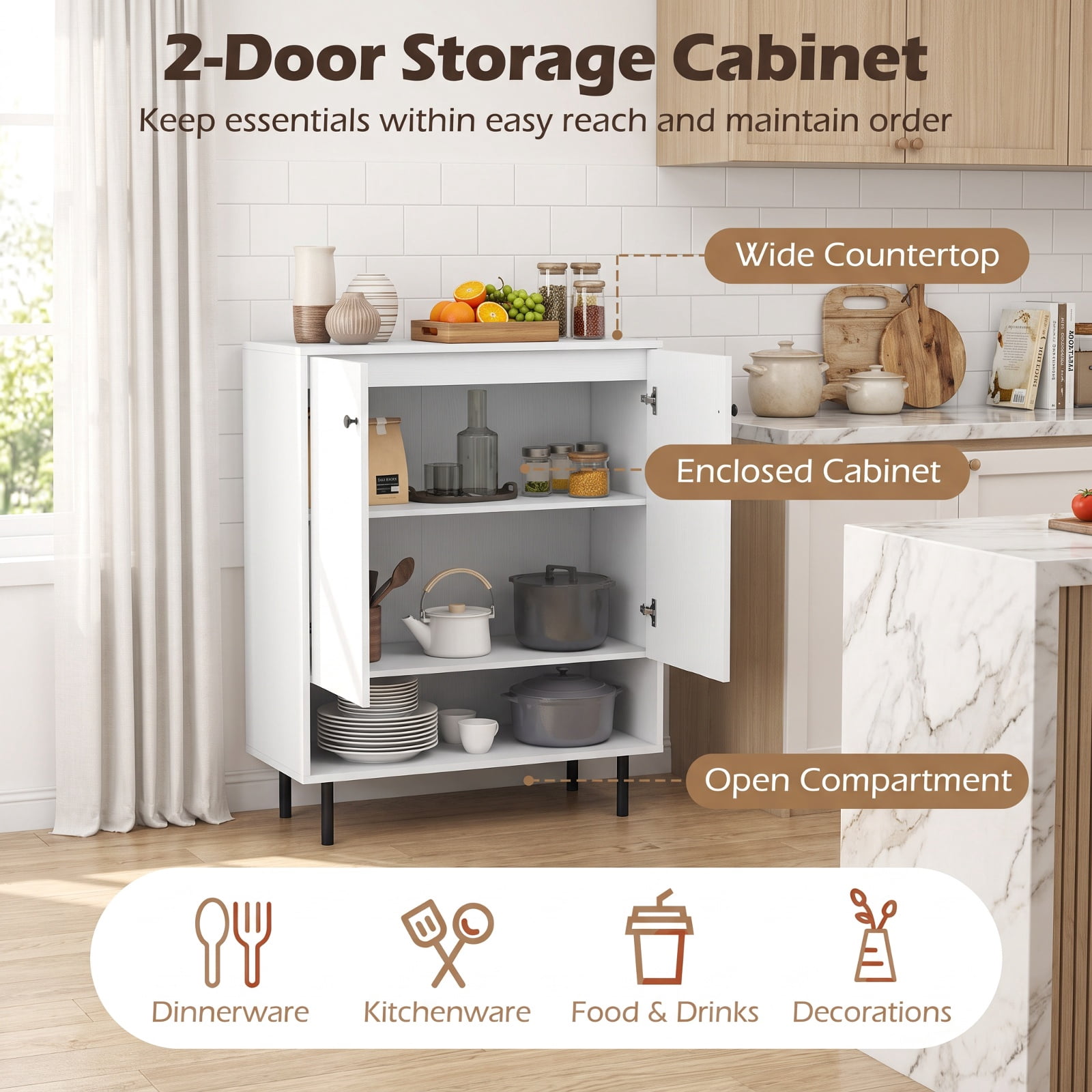 Furnibear 2-Door Sideboard Buffet Cabinet Kitchen with Adjustable Shelf for Kitchen Dining Living Room Buffet Storage Server, White