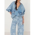 thumbnail image 4 of sicmoss Women's Blue Y2K Distressed Barrel Jeans Baggy Wide Leg Floral Print Long with Patchwork, 4 of 6