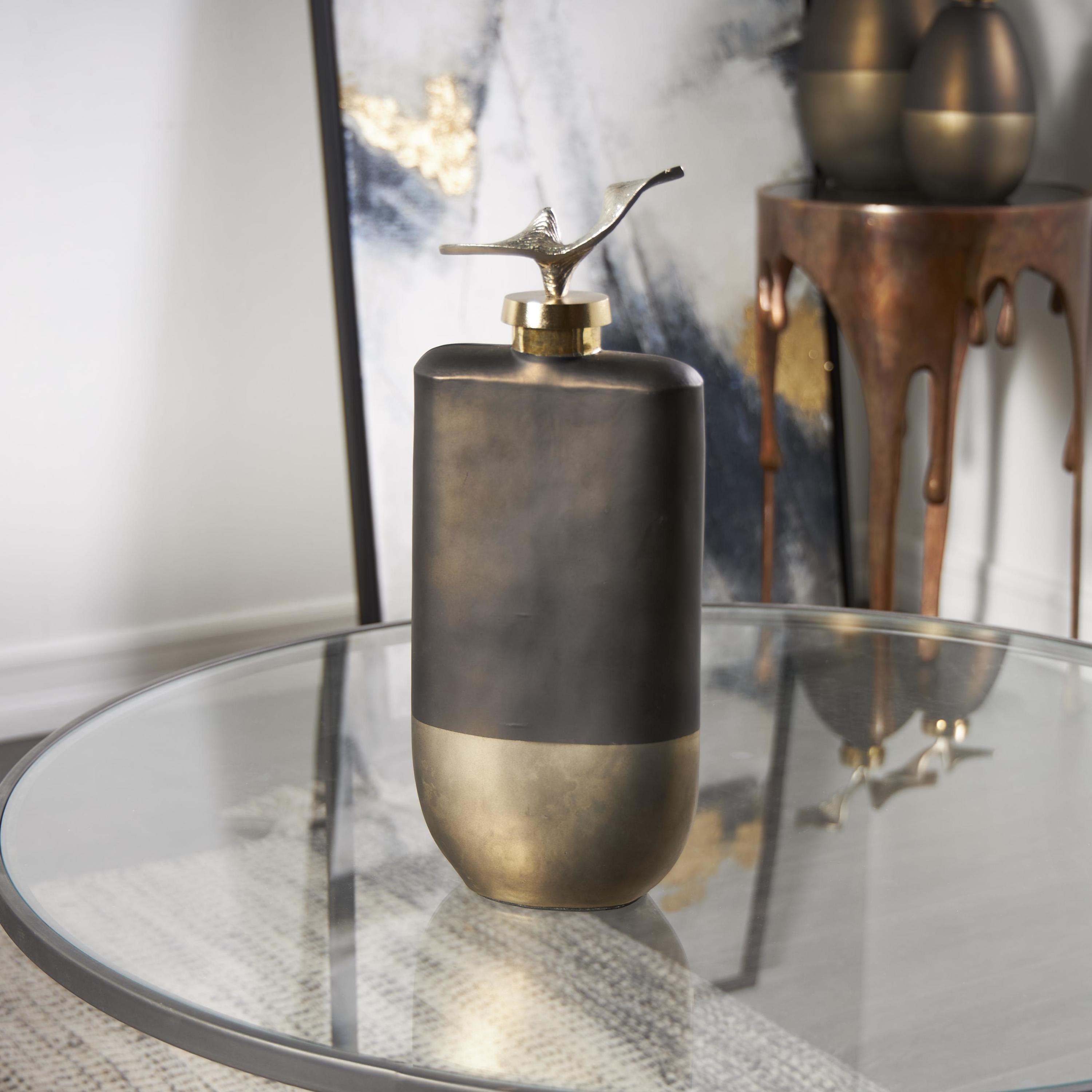 DecMode 7" x 16" Bronze Glass Abstract Colorblock Decorative Jars with Gold Accents and Silver Wave Designed Top, 1-Piece