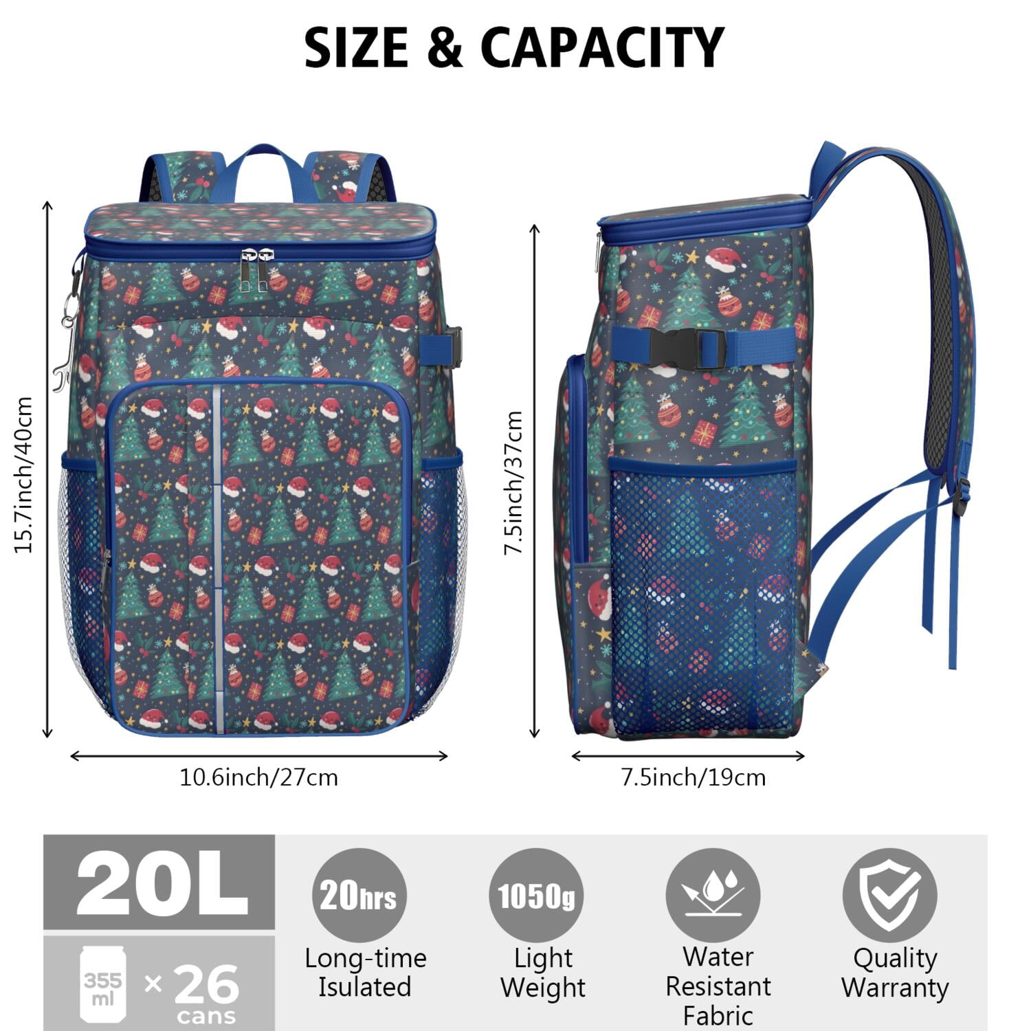 Travel Cooler Bag - Dark Blue Christmas Pattern Camping Beer Cooler Backpack with Bottle Opener- Waterproof Insulated Picnic Backpacks - Cooler Bag for Beach