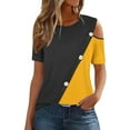 thumbnail image 2 of Royisotas Casual Womens Plus Tops Summer Yellow Short Sleeve Shirts Button Cold Shoulder Crew Neck Color Block Women's T-Shirts, 2 of 7