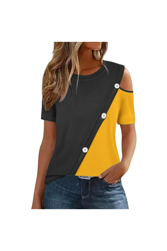 Cold Shoulder Tops for Women Plus Size Shirt Summer Casual Crew Neck Color Block Button Blouse