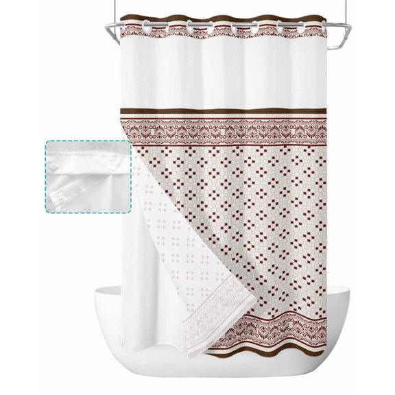No Hook Shower Curtain with Snap in Liner, Vintage Plaid Striped Geometric Floral Hotel Shower Curtains for Bathroom, Washable Shower Curtain Liner Set with Mesh Top Window, 54"x78"