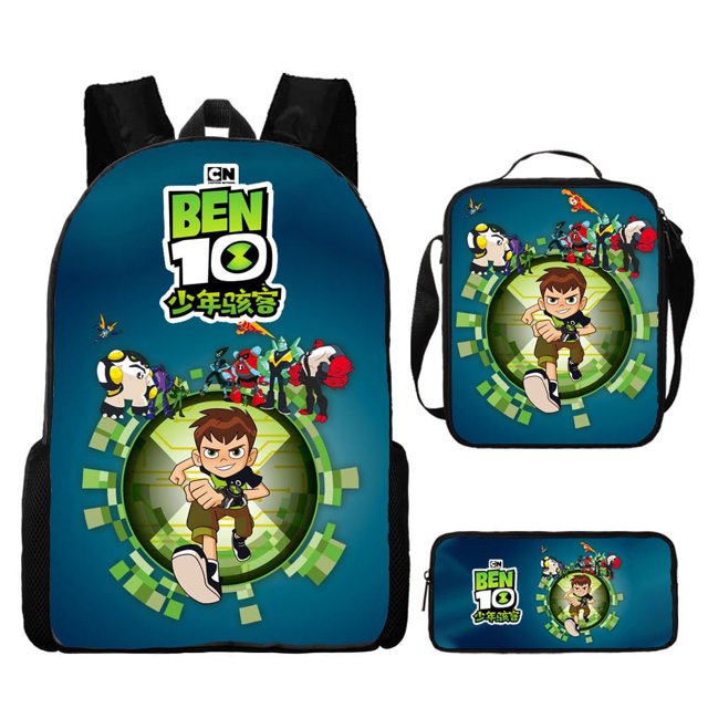 Junior Hacker Backpack, Ben 10 Student Schoolbag Three-piece Set, Cartoon Backpack Lunch Bag Bag Pencil Case-HAPDEN