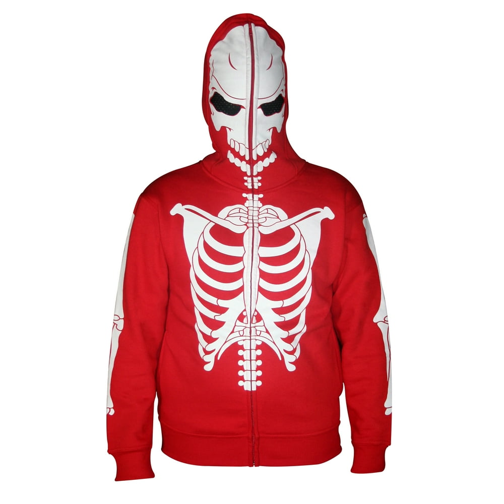 Men Full Face Mask Skeleton Skull Hoodie Halloween Costume White Red