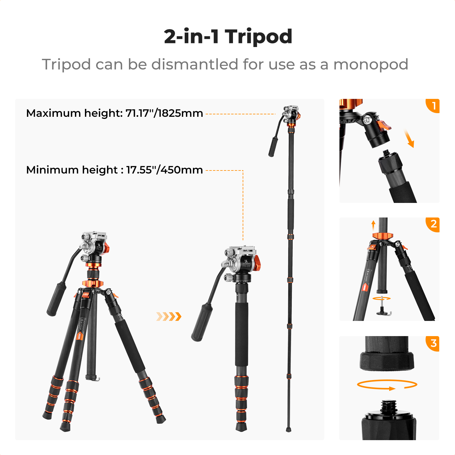 K&F CONCEPT 67"/1.7m Carbon Fiber Lightweight Camera Tripod with Hydraulic Video Tripod Head, Foldable, Detachable Single Leg, Metal Screw Lock