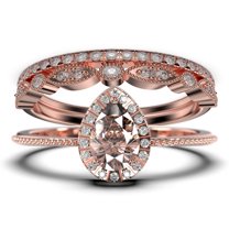 Art deco 2.00 Carat Vintage Pear Cut Morganite And Diamond Moissanite Engagement Ring Set, Wedding Ring in 10k Solid White Gold, Gift For Her Promise Ring Trio set