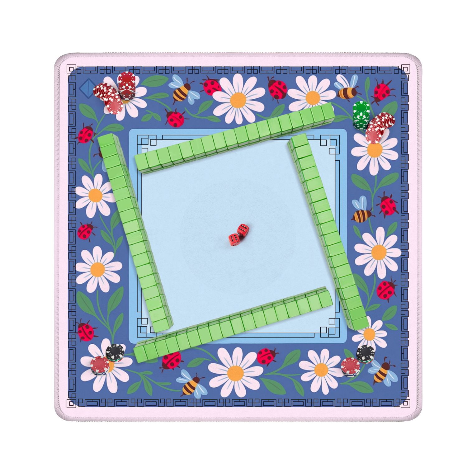 Mahjong Mat 31.5" x 31.5" Floral Daisies Ladybugs Bees Blue Anti-Slip and Noise Reduction Symmetry Design Mahjong Tiles Table Cover for Dominoes Poker Card Board and Tile Games