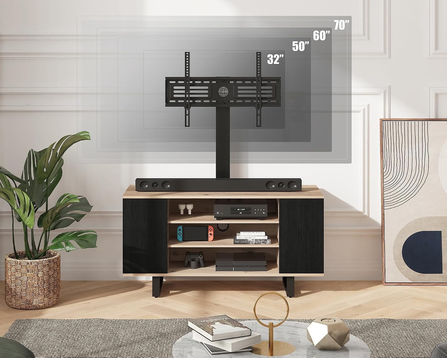 FITUEYES Entertainment Center for 32–70 Inch TVs, Black, Swivel Mount