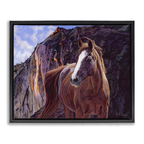 Stupell Industries Rustic Lodge Horse by Cliffs Landscape Black Floating Frame Canvas Art, 31 x 25, by Spirit Horse