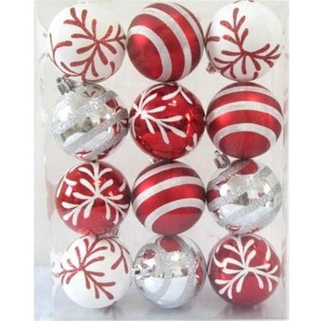 12 Pack 2" Clear Ball Christmas Ornaments with Red Silver and Green Swirl Design 
