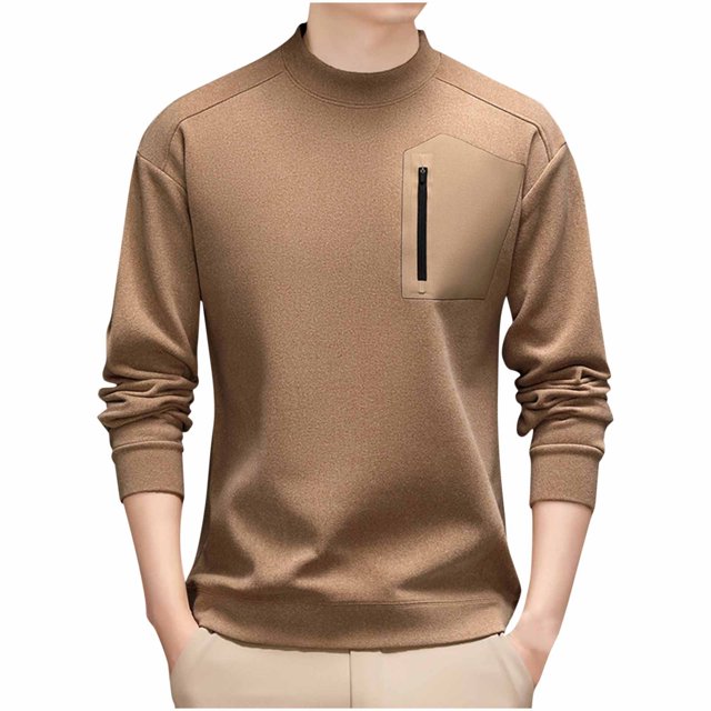 LNWUY Men's Long Sleeve Shirts Quick Dry Performance Shirt Spring Autumn Solid Color Padded Warm Comfortable Round Neck Shirts with Zipper Beige XXXXL