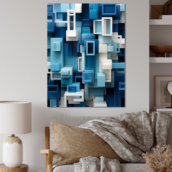 Designart "Geometric Focus Op Art Blue" Abstract Wall Art Print