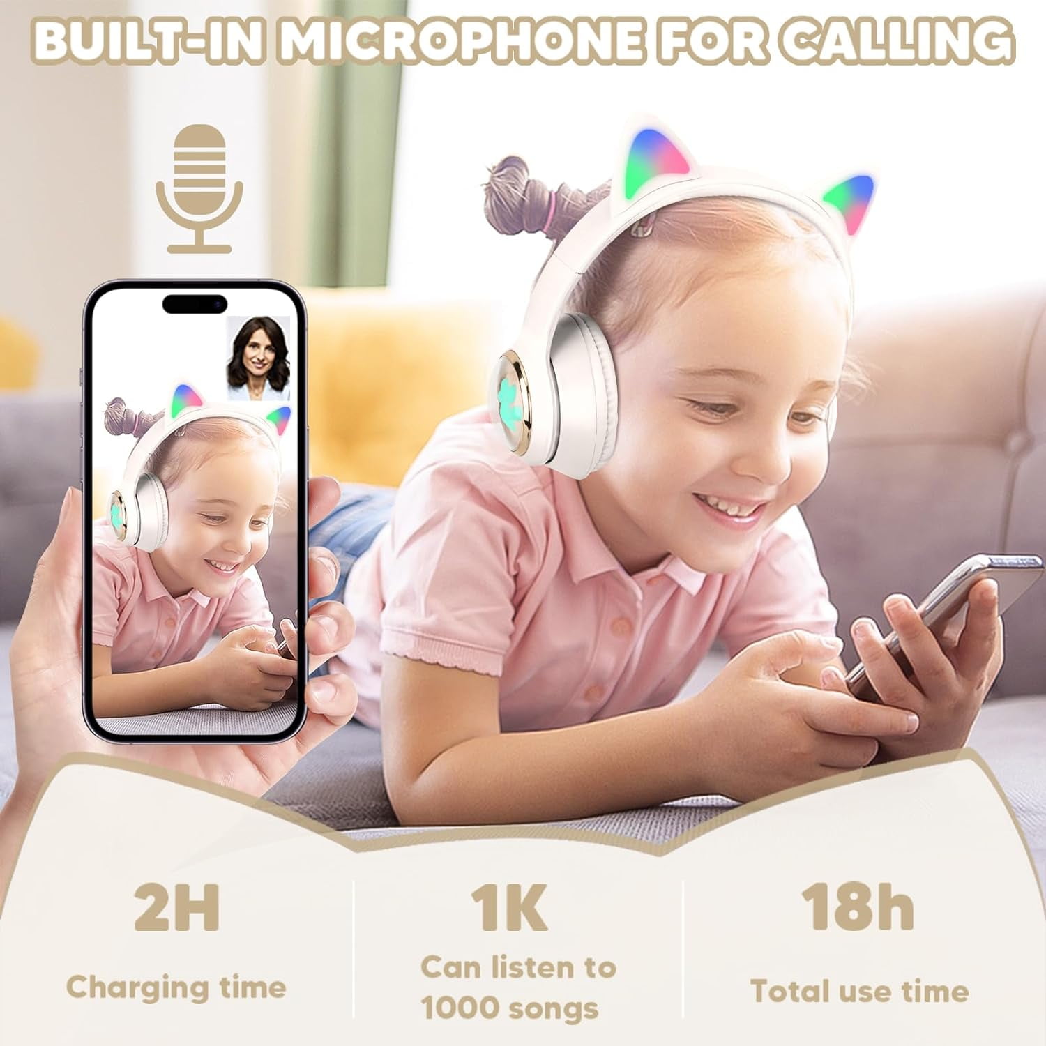 QearFun Cat Headphones for Girls Kids for School, Kids Bluetooth Headphones with Microphone & 3.5mm Jack, Teens Toddlers Wireless Headphones with Adjustable Headband for Tablet/PC-White