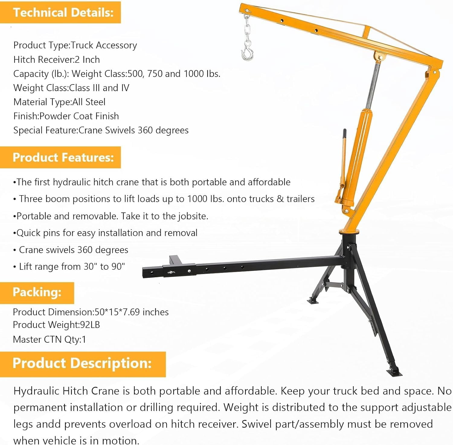 Hydraulic Pickup Truck Crane 1000 Lbs Capacity, 360°Swivel, Hitch Mounted Crane with 3 Adjustable Capacities of 500 Lbs, 750 Lbs and 1000 Lbs for Lifting Goods in Construction, Yellow