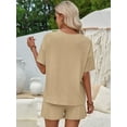 thumbnail image 6 of Women Matching Shorts Knitted Pockets Sets Fall Round Neck 2 Piece Set Summer Short Sleeve Lounge Sets Khaki M, 6 of 8